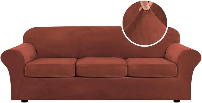 H.VERSAILTEX High Stretch Sofa Slipcover 4 Piece Cover Velvet Furniture Protector Form Fit Thick Velvet Extra Large Sofa Cover for 3 Cushion Couch Width Up to 97 Inch (Large Sofa, Rust) by HVERSAILTEX