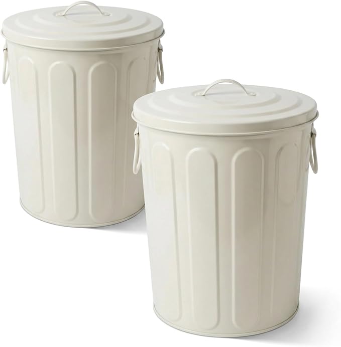 Plexon 5 Gallon Small Metal Trash Can with Lid Outdoor Galvanized Steel Bucket with Lid 5 Gal Storage Can for Dog Food Bird Seed Storage Container, Off-White 2 Pack by Plexon
