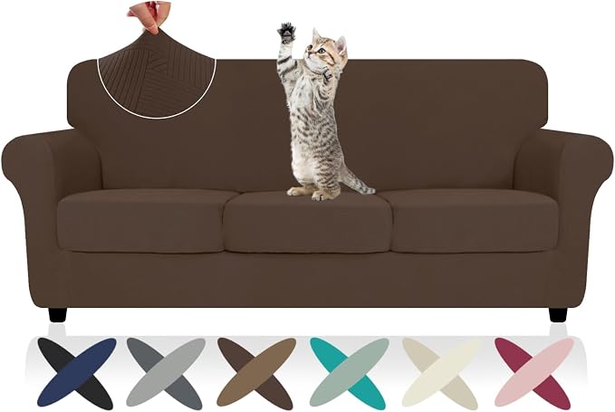 ZNSAYOTX 4 Piece Stretch Sofa Covers (71"-91"), Thick Striped Couch Covers for 3 Cushion Sofa with Elastic Band Bottom Ties Non-Slip Stay in Place, Soft Durable Washable Couch Slipcovers, Coffee by ZNSAYOTX