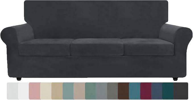 ZNSAYOTX Oversized Velvet Couch Cover 4 Piece (92"-115") Stretch Sofa Covers for 3 Cushion Couch Thick Soft XL-Slipcover with Non Slip Strap, Dog Pet Friendly Nice Furniture Protector (Black) by ZNSAYOTX
