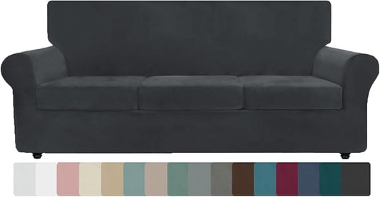 ZNSAYOTX Oversized Velvet Couch Cover 4 Piece (92"-115") Stretch Sofa Covers for 3 Cushion Couch Thick Soft XL-Slipcover with Non Slip Strap, Dog Pet Friendly Nice Furniture Protector (Black) by ZNSAYOTX