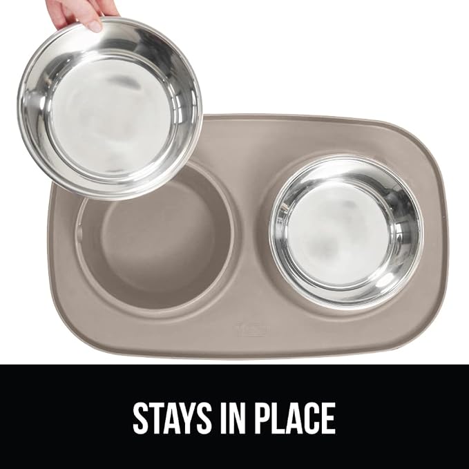 Gorilla Grip Cat and Dog Bowls Feeding Mat Set and Stainless Steel Metal Dog Bowl Set of 2, 2 Cup Raised Edge Feeding Mat Set, 2 Cup Heavy Duty Stainless Steel Bowls, Both Beige, 2 Item Bundle - Image 4