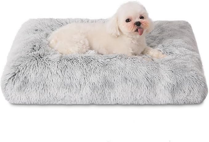 Bedfolks Waterproof Crate Bed, Plush Dog & Cat Bed with Removable Washable Cover, Faux Fur Kennel Pad, 21"x13", Grey by Bedfolks