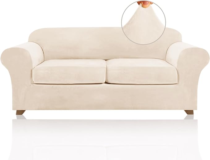PrinceDeco Couch Cover Velvet Plush Sofa Covers for 2 Cushion Couch Width Up to 90 Inch Washable Furniture Protector Pet Friendly No Slip Sofa Slipcover(Medium-Large, Cream) by PrinceDeco