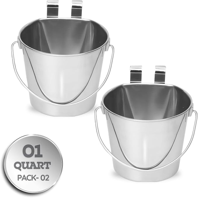 1 Quart Stainless Steel Flat Sided Bucket with Dual Hooks | 2 Pcs Durable Food & Water Bowl for Dog Cats Bird & Small Animals | Fits kennel Cage Crates Hanging Pet Pail | Multipurpose use by AASPIREPETS