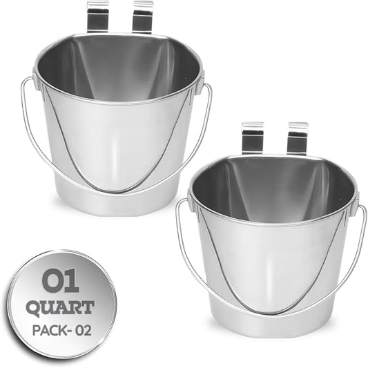 1 Quart Stainless Steel Flat Sided Bucket with Dual Hooks | 2 Pcs Durable Food & Water Bowl for Dog Cats Bird & Small Animals | Fits kennel Cage Crates Hanging Pet Pail | Multipurpose use by AASPIREPETS