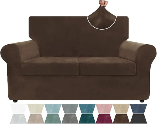 ZNSAYOTX Luxury Velvet Sofa Cover 3 Piece (57"-70") Stretch Loveseat Covers for 2 Cushion Couch Thick Soft Couch Slipcover with Non Slip Strap, Dog Pet Friendly Nice Furniture Protector (Dark Coffee) by ZNSAYOTX