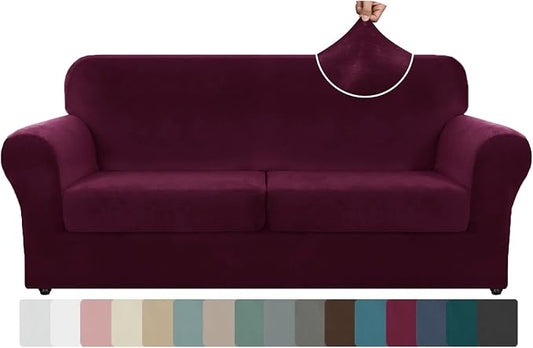 ZNSAYOTX Oversized Velvet 3 Piece Couch Cover with 2 Extra Large Seat Cushion Covers Stretch Sofa Cover for 2 Cushion Couch Soft Loveseat Sofa Slipcover for Living Room (Wine Red), 72"-92"(2 CUSHIONS) by ZNSAYOTX