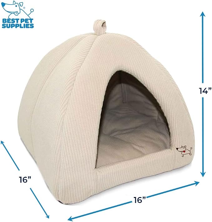 Best Pet Supplies Cat Bed for Indoor Cat, Domed Tent House with Removable Pillow, Covered Cat Cave for Small Dog, Puppies and All Breeds of Cats - Corduroy Beige, 16 x 16 x H:14" - Image 3