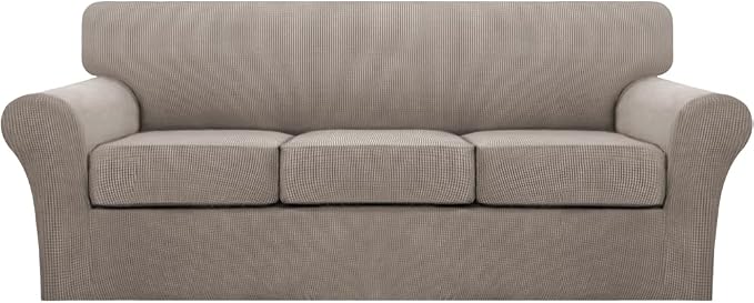 Turquoize 4 Piece Sofa Covers for 3 Cushion Couch Sofa Slipcover Soft Couch Cover for Dogs Washable Furniture Cover with 3 Individual Large Cushion Covers Feature Fabric (Large Sofa, Taupe) by Turquoize
