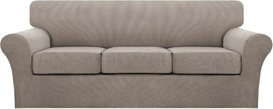 Turquoize 4 Piece Sofa Covers for 3 Cushion Couch Sofa Slipcover Soft Couch Cover for Dogs Washable Furniture Cover with 3 Individual Large Cushion Covers Feature Fabric (Large Sofa, Taupe) by Turquoize