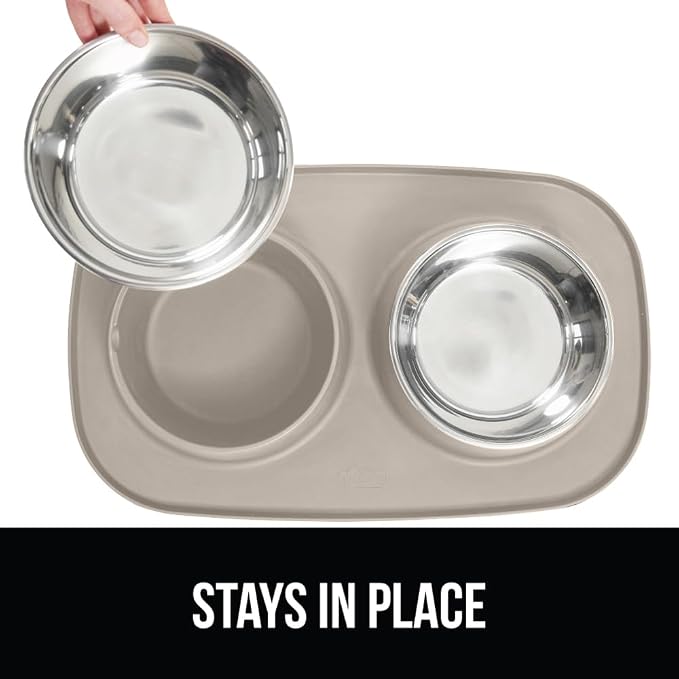 GORILLA GRIP Dog Bowl Set with Slip Resistant Silicone Feeding Mat, 3 Cup, Food Grade 304 Stainless Steel Bowls, BPA Free, High Edge Spill Containment, Dishwasher Safe, Finger Notch Removal, Beige - Image 4