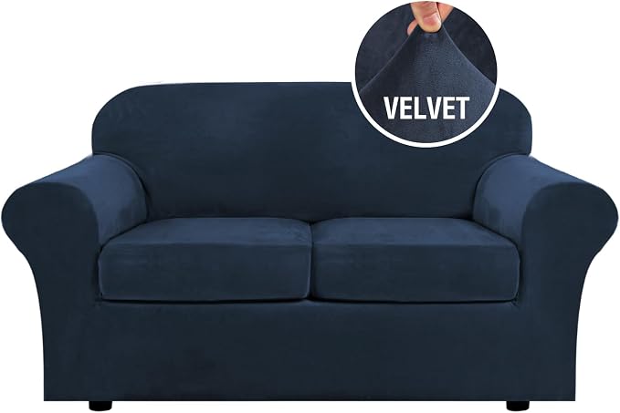 H.VERSAILTEX Real Velvet Plush 3 Piece Stretch Sofa Covers Couch Covers for 2 Cushion Couch Loveseat Covers Width Up to 72 Inch Feature Thick Soft Stay in Place (Medium Sofa, Navy) by HVERSAILTEX