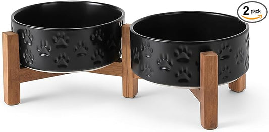 SPUNKYJUNKY Ceramic Elevated Dog Bowl Set with Acacia Wood Stand for Food and Water for Cats and Small Dogs (13.52 OZ, Black, Dog Paw Pattern) by SPUNKYJUNKY