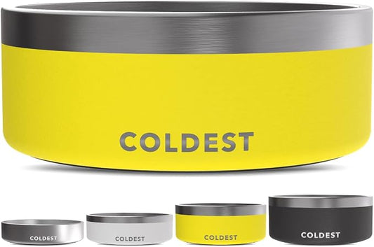 Coldest Dog Bowl - Anti Rust Metal, Non Slip, 3 Layers Insulated Stainless Steel Dog Bowls - Spill Proof & Heavy Duty - Water Bowl for Dogs, Cats & Pets, Dish Washer Safe (64 oz, Solar Yellow) by Coldest