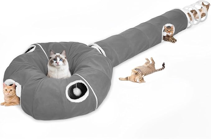 Ownpets 2-in-1 Cat Tunnel Large Lollipop 12" D Collapsible Cave Plush, Grey | Foldable Tunnel Bed, Fluffy Ball, Multi-Exit Maze, For Cats Kittens Puppies Rabbits, Soft Plush, Easy Store, Cozy Hiding Spot by Ownpets