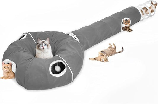 Ownpets 2-in-1 Cat Tunnel Large Lollipop 12" D Collapsible Cave Plush, Grey | Foldable Tunnel Bed, Fluffy Ball, Multi-Exit Maze, For Cats Kittens Puppies Rabbits, Soft Plush, Easy Store, Cozy Hiding Spot by Ownpets