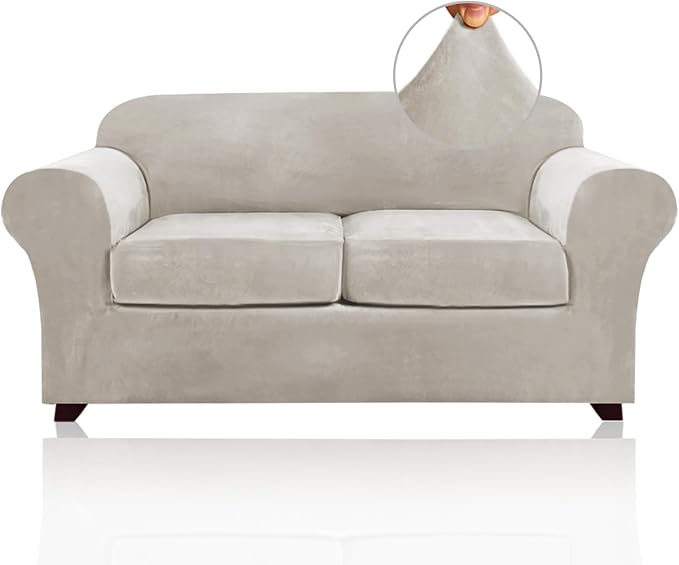 PrinceDeco Velvet Couch Cover Loveseat Covers for 2 Cushion Couch 3 Piece Sofa Covers for Dogs Washable Loveseat Covers Width Up to 72 Inch No Slip Stretch Sofa Slipcover(Medium, Oatmeal) by PrinceDeco