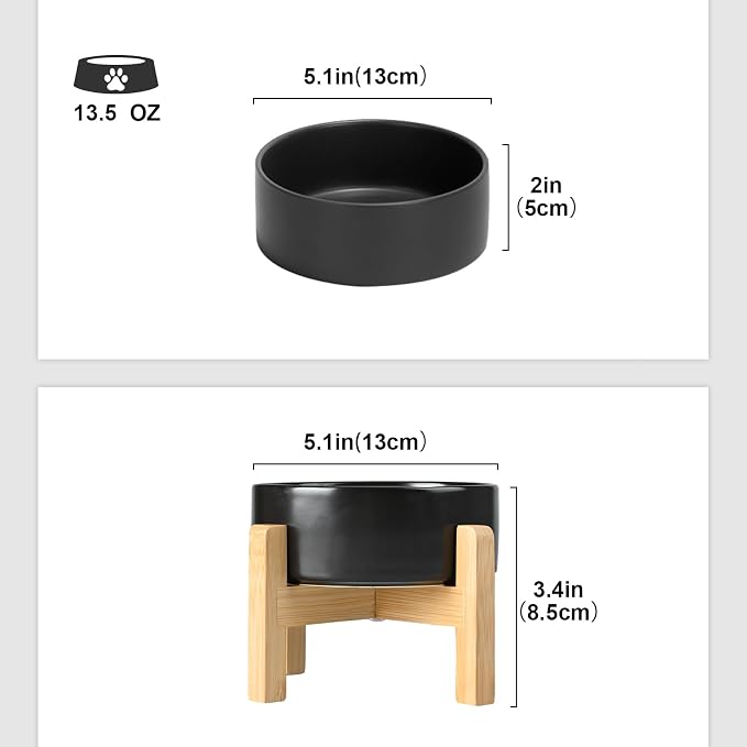 SPUNKYJUNKY Ceramic Elevated Dog Bowls 2 Pack - 5.1inch Raised Dog Bowls with Non-Slip Wooden Stand for Small Dogs Dishwasher Safe(Black,13.5OZ*2) - Image 2
