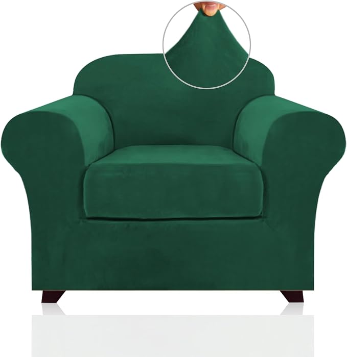 PrinceDeco 2 Piece Chair Cover Velvet Chair Slipcovers Soft Armchair Cover Furniture Protector with Arms Width Up to 49 Inch Chair Sofa Cover with Individual Cushion Covers(Small, Green) by PrinceDeco