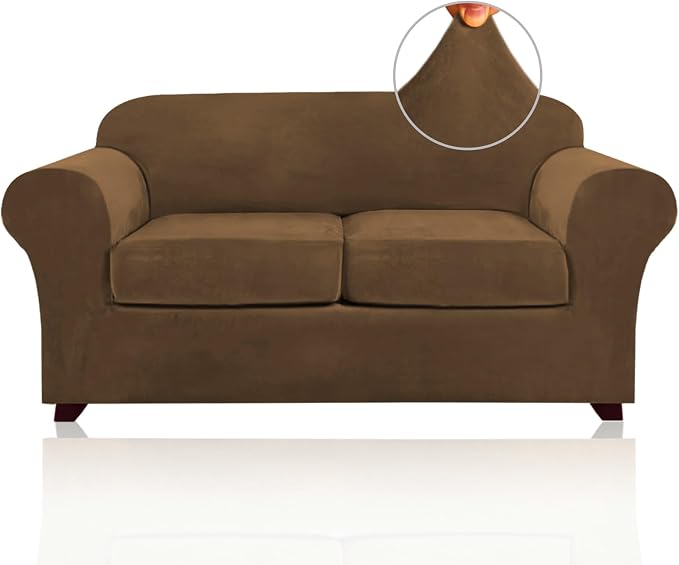 PrinceDeco Velvet Couch Cover Loveseat Covers for 2 Cushion Couch 3 Piece Sofa Covers for Dogs Washable Loveseat Covers Width Up to 72 Inch No Slip Stretch Sofa Slipcover(Medium, Bronze Brown) by PrinceDeco