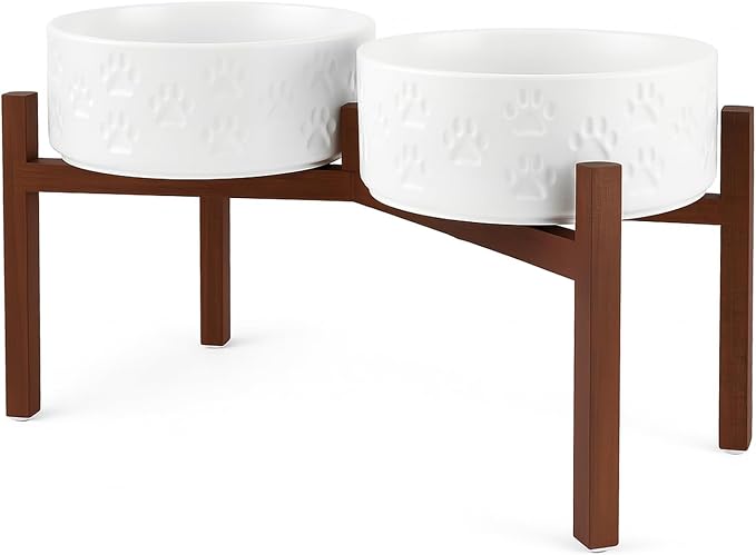 SPUNKYJUNKY Ceramic Elevated Dog Bowl Set with Acacia Wood Stand for Food and Water for Large Dogs (60.87 OZ, White, Dog Paw Pattern) by SPUNKYJUNKY