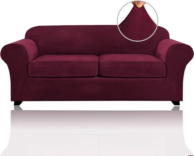 PrinceDeco Couch Cover Velvet Plush Sofa Covers for 2 Cushion Couch Width Up to 90 Inch Washable Furniture Protector Pet Friendly No Slip Sofa Slipcover(Medium-Large, Burgundy) by PrinceDeco