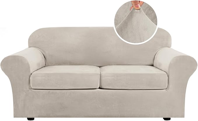 H.VERSAILTEX Real Velvet Plush 3 Piece Stretch Sofa Covers Couch Covers for 2 Cushion Couch Sofa Slipcovers Width Up to 90 Inch Feature Thick Soft Stay in Place (Sofa, French Oak) by HVERSAILTEX