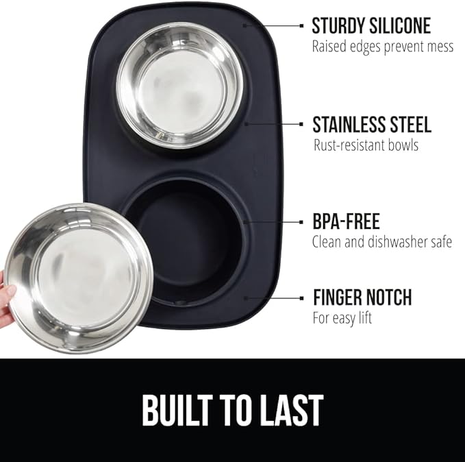 GORILLA GRIP Dog Bowl Set with Slip Resistant Silicone Feeding Mat, 3 Cup, Food Grade 304 Stainless Steel Bowls, BPA Free, High Edge Spill Containment, Dishwasher Safe, Finger Notch Removal, Black - Image 2