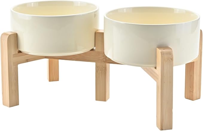 SPUNKYJUNKY Elevated Dog Bowls Ceramic, 6.1'' Dogs and Cat Food Water Bowls Raised with Non-Slip Bamboo Stand for Medium Sized Breed Microwave Dishwasher Safe - 28.7 OZ,Beige by SPUNKYJUNKY