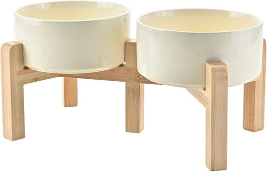 SPUNKYJUNKY Elevated Dog Bowls Ceramic, 6.1'' Dogs and Cat Food Water Bowls Raised with Non-Slip Bamboo Stand for Medium Sized Breed Microwave Dishwasher Safe - 28.7 OZ,Beige by SPUNKYJUNKY