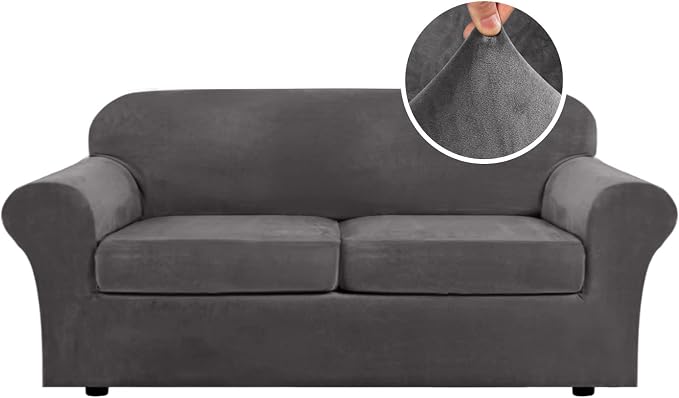 H.VERSAILTEX Real Velvet Plush 3 Piece Stretch Sofa Covers Couch Covers for 2 Cushion Couch Sofa Slipcovers Width Up to 90 Inch Feature Thick Soft Stay in Place (Large Sofa, Grey) by HVERSAILTEX