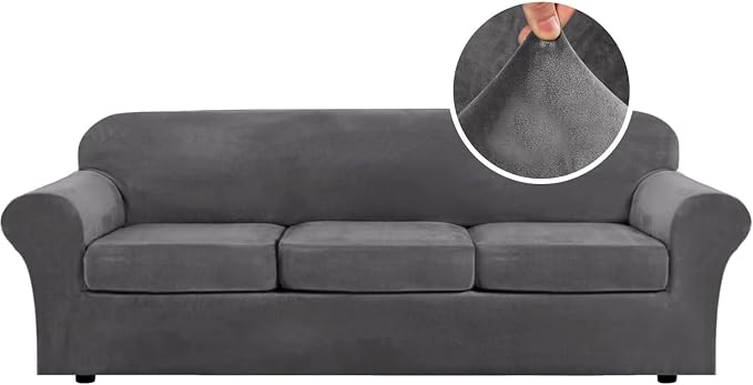 H.VERSAILTEX High Stretch Sofa Slipcover 4 Piece Cover Velvet Furniture Protector Form Fit Thick Velvet Extra Large Sofa Cover for 3 Cushion Couch Width Up to 97 Inch (Large Sofa, Grey) by HVERSAILTEX