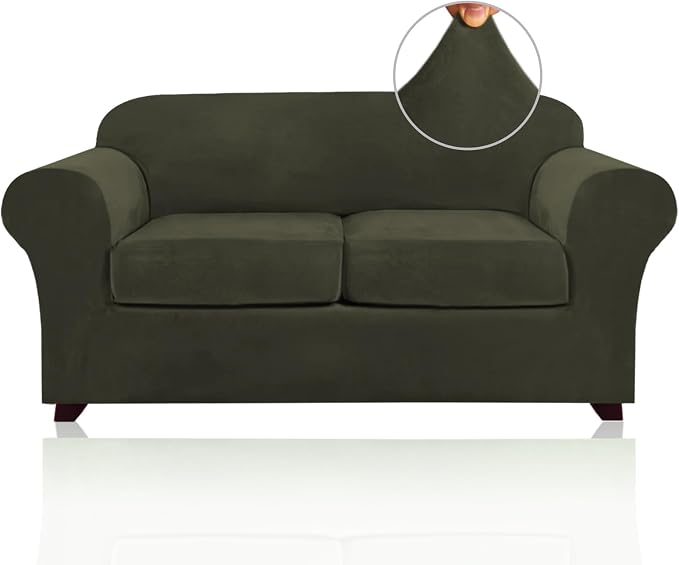 PrinceDeco Velvet Couch Cover Loveseat Covers for 2 Cushion Couch 3 Piece Sofa Covers for Dogs Washable Loveseat Covers Width Up to 72 Inch No Slip Stretch Sofa Slipcover(Medium, Olive) by PrinceDeco