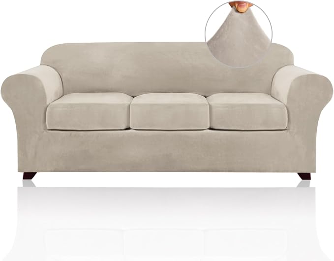 PrinceDeco Velvet Couch Covers for Sofa Soft 4 Pieces Couch Covers for 3 Cushion Couch Sofa Pet Friendly Furniture Protector with Non Slip Elastic Bottom Width Up to 97 Inch (Large Sofas, French Oak) by PrinceDeco