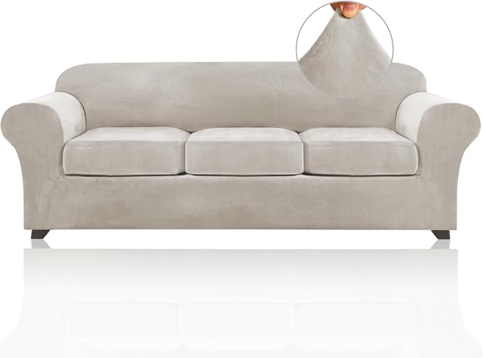 PrinceDeco Velvet XL Couch Cover for Oversized Sofa 4 Piece Sofa Covers for 3 Cushion Couch Washable Furniture Protector with Non Slip Elastic Bottom Width Up to 105 Inch(X-Large,Oatmeal) by PrinceDeco