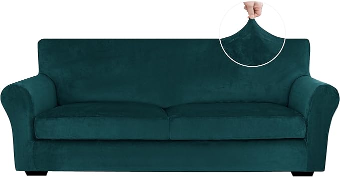 XINEAGE 3-Piece Velvet Sofa Cover,Couch Covers for Dog,Dark Green | 2 Cushion Sofa,Stretch Non-slip Elastic, Pet-friendly, Washable, Fast Setup, Soft Plush Fabric, Furniture Protector. by XINEAGE