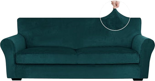XINEAGE 3-Piece Velvet Sofa Cover,Couch Covers for Dog,Dark Green | 2 Cushion Sofa,Stretch Non-slip Elastic, Pet-friendly, Washable, Fast Setup, Soft Plush Fabric, Furniture Protector. by XINEAGE