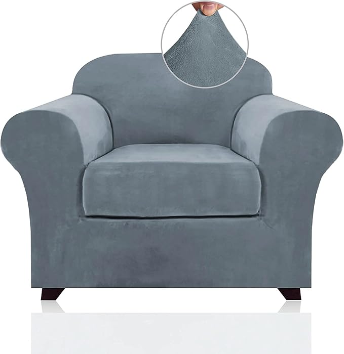 PrinceDeco Velvet Plush Couch Cover Stretch 2 Piece Chair Cover Chair Slipcover Washable Furniture Protector Couch Soft with Elastic Bottom Armchair Cover Width Up to 49 Inch(Small,Stone Blue) by PrinceDeco