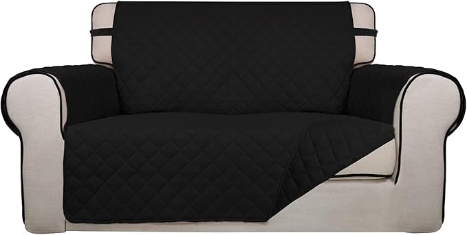 PureFit Reversible Quilted Couch Covers for Dogs Loveseat Sofa Cover 46.5” | Black/Black, Water Resistant Couch Protector, Washable Pet Couch Cover with Non Slip and Elastic Straps For Kids by PureFit