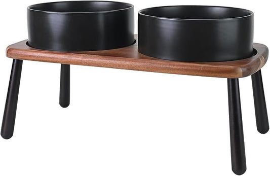SPUNKYJUNKY Ceramic Elevated Dog Bowls Raised with Acacia Bamboo Wooden Stand, 8.3'' Dog Food Water Bowls Set Non-Slip for Medium Large Sized Breed Microwave Dishwasher Safe - 60 OZ,Black by SPUNKYJUNKY