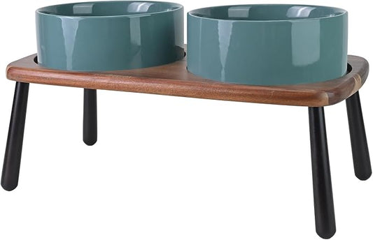SPUNKYJUNKY Ceramic Elevated Dog Bowls Raised with Acacia Bamboo Wooden Stand, 8.3'' Dog Food Water Bowls Set Non-Slip for Medium Large Sized Breed Microwave Dishwasher Safe - 60 OZ,Dark Green by SPUNKYJUNKY