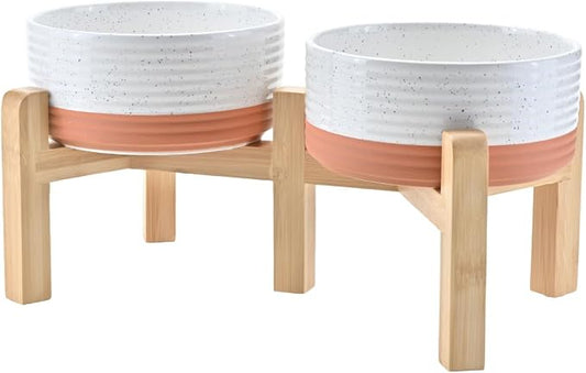 SPUNKYJUNKY Elevated Dog Bowls Ceramic, 6.1'' Dogs and Cat Food Water Bowls Raised with Non-Slip Bamboo Stand for Medium Sized Breed Microwave Dishwasher Safe - 28.7 OZ,Pattern White by SPUNKYJUNKY