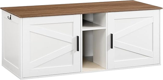 HOOBRO Double Litter Box Enclosure, Modern Cat Litter Box Furniture with Storage and Mat Design, Farmhouse Hidden Litter Box Enclosure with 2 Hooks, White and Walnut WH23MW01 by HOOBRO