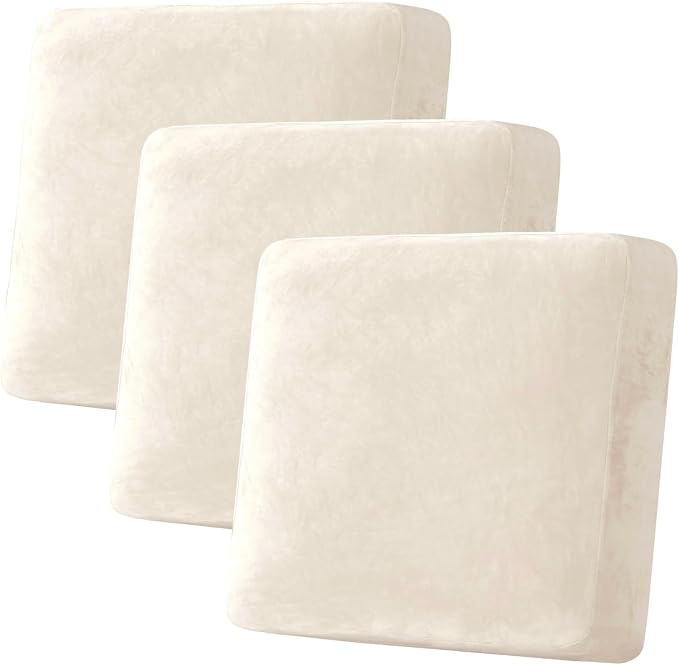 H.VERSAILTEX Velvet Stretch Couch Cushion Cover Plush Cushion Slipcover for Chair Loveseat Sofa Cushion Furniture Protector Seat Cushion Sofa Cover (3 Piece XL Sofa Cushion Covers, Cream) by HVERSAILTEX