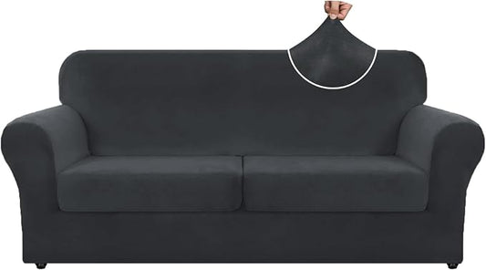 ZNSAYOTX Oversized Velvet 3 Piece Couch Cover with 2 Extra Large Seat Cushion Covers Stretch Sofa Cover for 2 Cushion Couch Thick Soft Loveseat Sofa Slipcover (Black),72"-92"(2 Cushions) by ZNSAYOTX