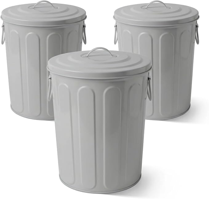 Plexon 5 Gallon Small Metal Trash Can with Lid Outdoor Galvanized Steel Bucket with Lid 5 Gal Storage Can for Dog Food Bird Seed Storage Container, Gray 3 Pack by Plexon