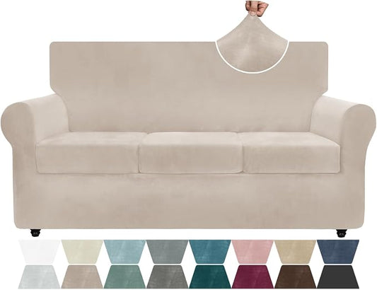 ZNSAYOTX Luxury Velvet Couch Cover 4 Piece (72"-92") Stretch Sofa Covers for 3 Cushion Couch Thick Soft Sofa Slipcover with Non Slip Strap, Dog Pet Friendly Nice Furniture Protector (Khaki) by ZNSAYOTX