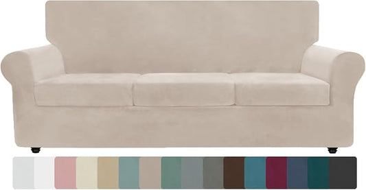 ZNSAYOTX Oversized Velvet Couch Cover 4 Piece (92"-115") Stretch Sofa Covers for 3 Cushion Couch Thick Soft XL-Slipcover with Non Slip Strap, Dog Pet Friendly Nice Furniture Protector (Khaki) by ZNSAYOTX