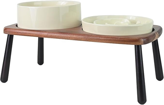 SPUNKYJUNKY Ceramic Elevated Dog Bowls with Slow Feeder Raised Acacia Bamboo Wooden Stand, 8.3'' Dog Food Water Bowls Set Non-Slip for Medium Large Sized Breed Microwave Dishwasher Safe - Beige by SPUNKYJUNKY